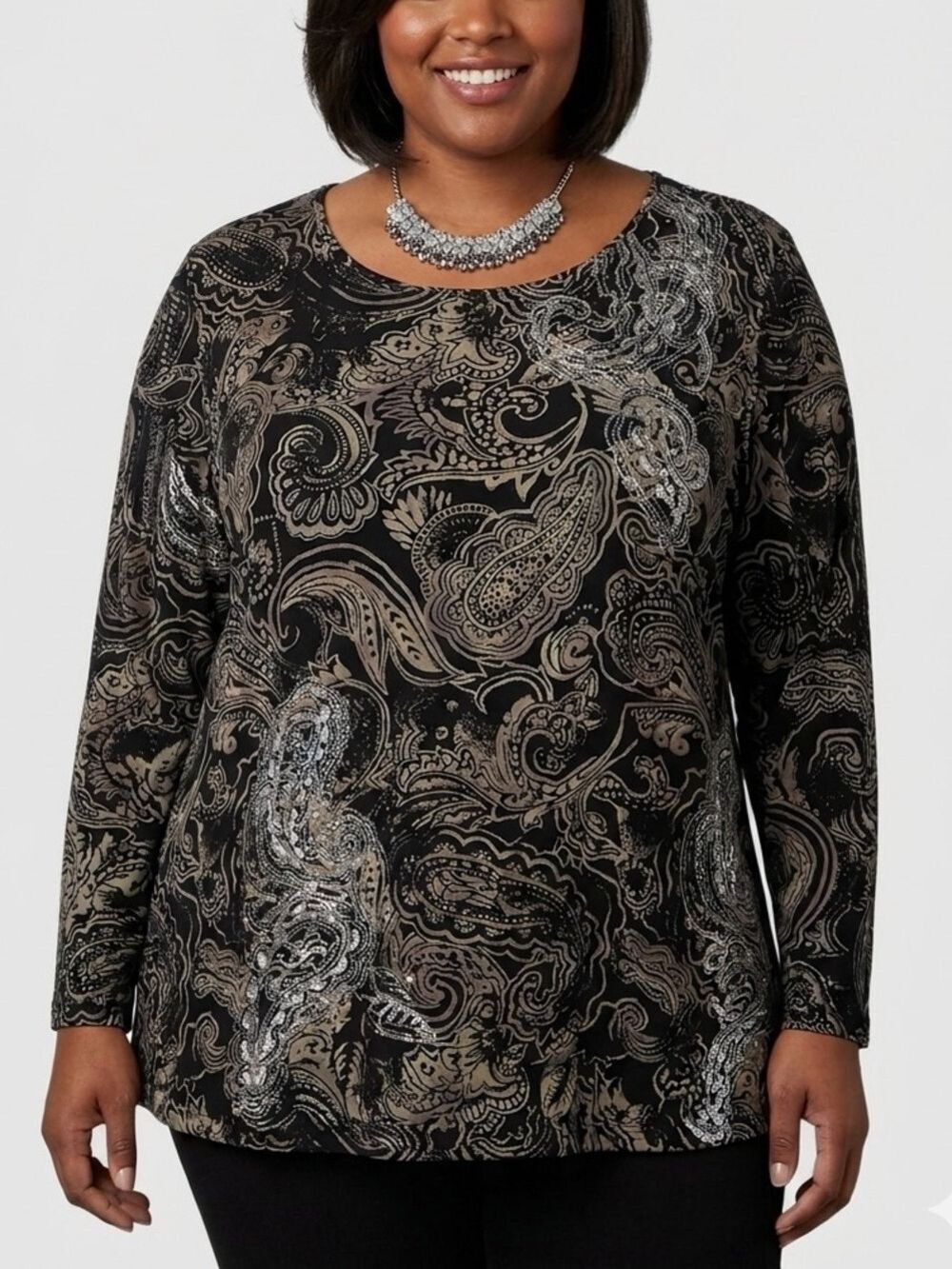 LIZ & ME Black Cotton Paisley Print Long Sleeve Top with Sheer Sleeves size 4X